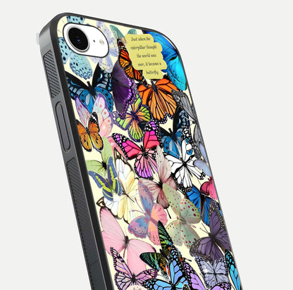 Butterflies Petal Dream Glass Case for iPhone 16e close-up highlighting butterfly wings and pink petal gloss