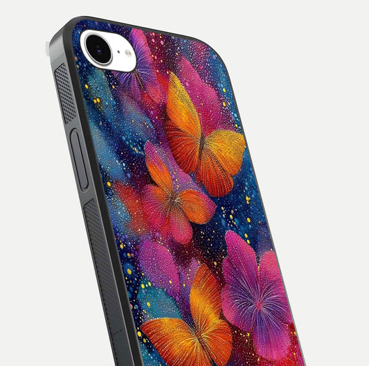 Butterfly Dream Mist Glass Case for iPhone 16e close-up capturing wing pattern detail and glossy finish texture
