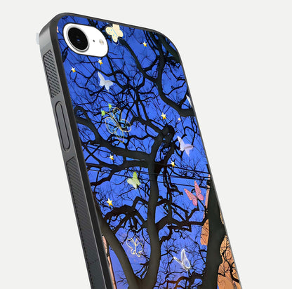 Butterfly Night Magic Glass Case for iPhone 16e close-up highlighting wings reflection and gloss shimmer