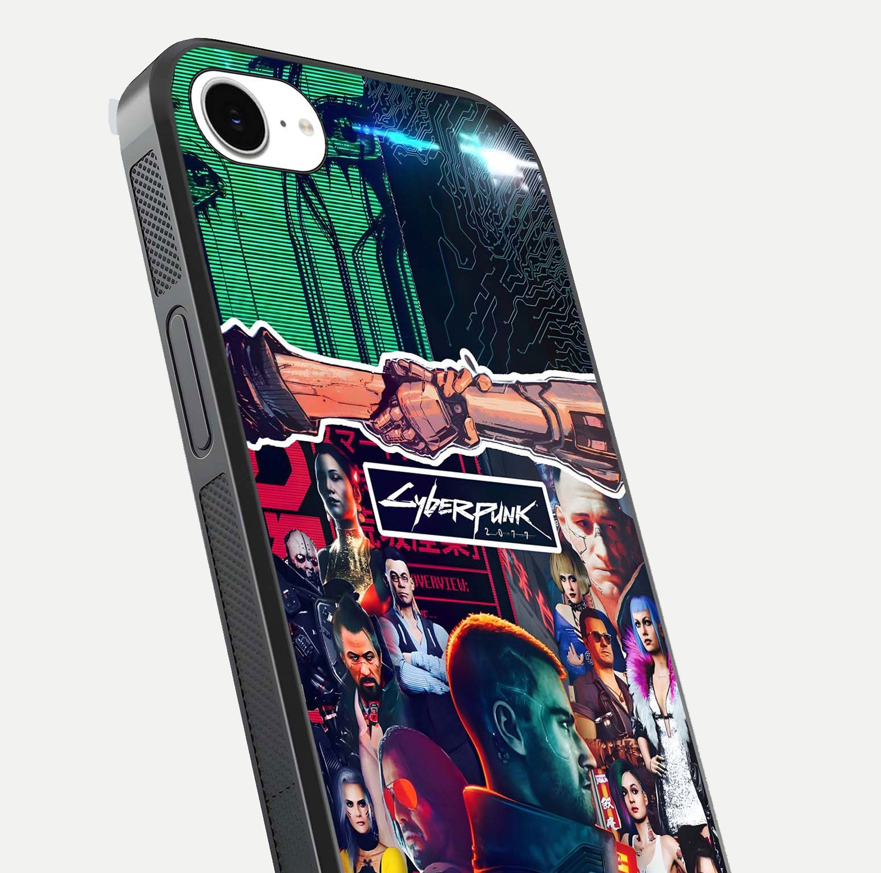 CYBERPUNK Legacy Glass Case for iPhone 16e close-up highlighting circuit texture and reflection tone