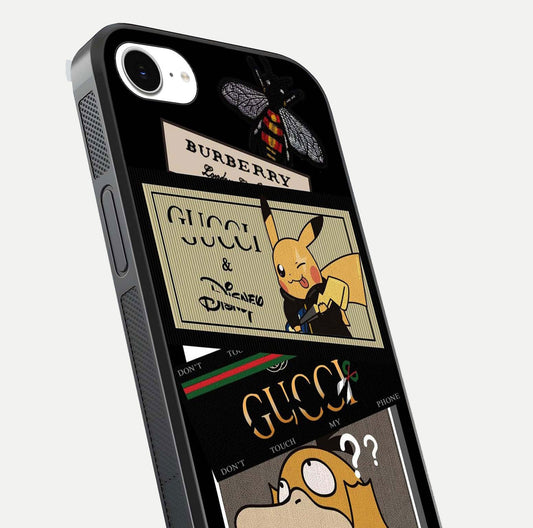 Cartoon Brand Play Mashup Glass Case for iPhone 16e close-up angled shot showing character details and vibrant tones