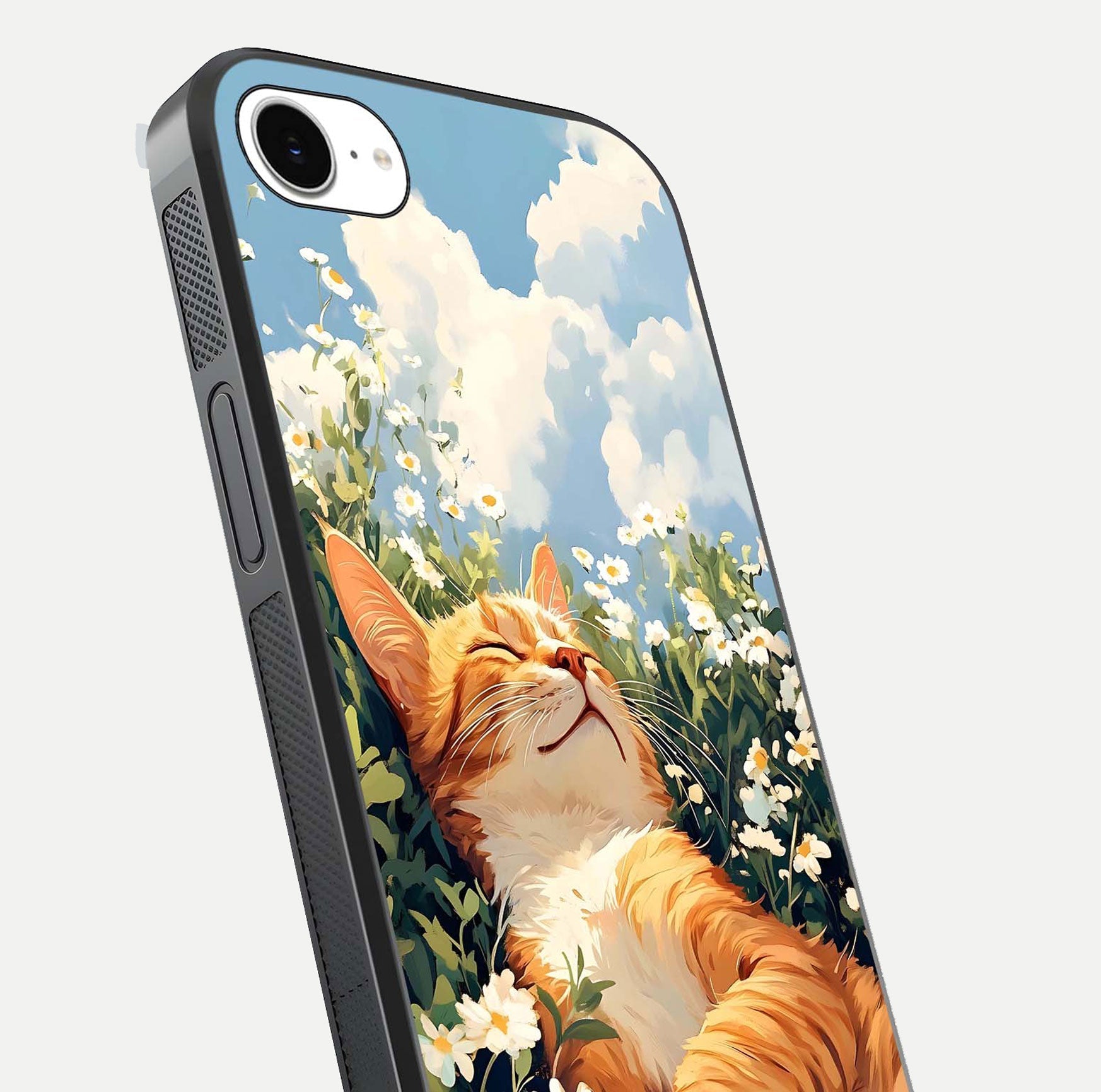 Cat & Flowers View Glass Case for iPhone 16e close-up view highlighting cat expression and petal detail