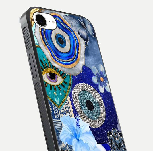 Celestial Blue Vision Glass Case for iPhone 16e close-up shot highlighting reflection details and smooth edge polish