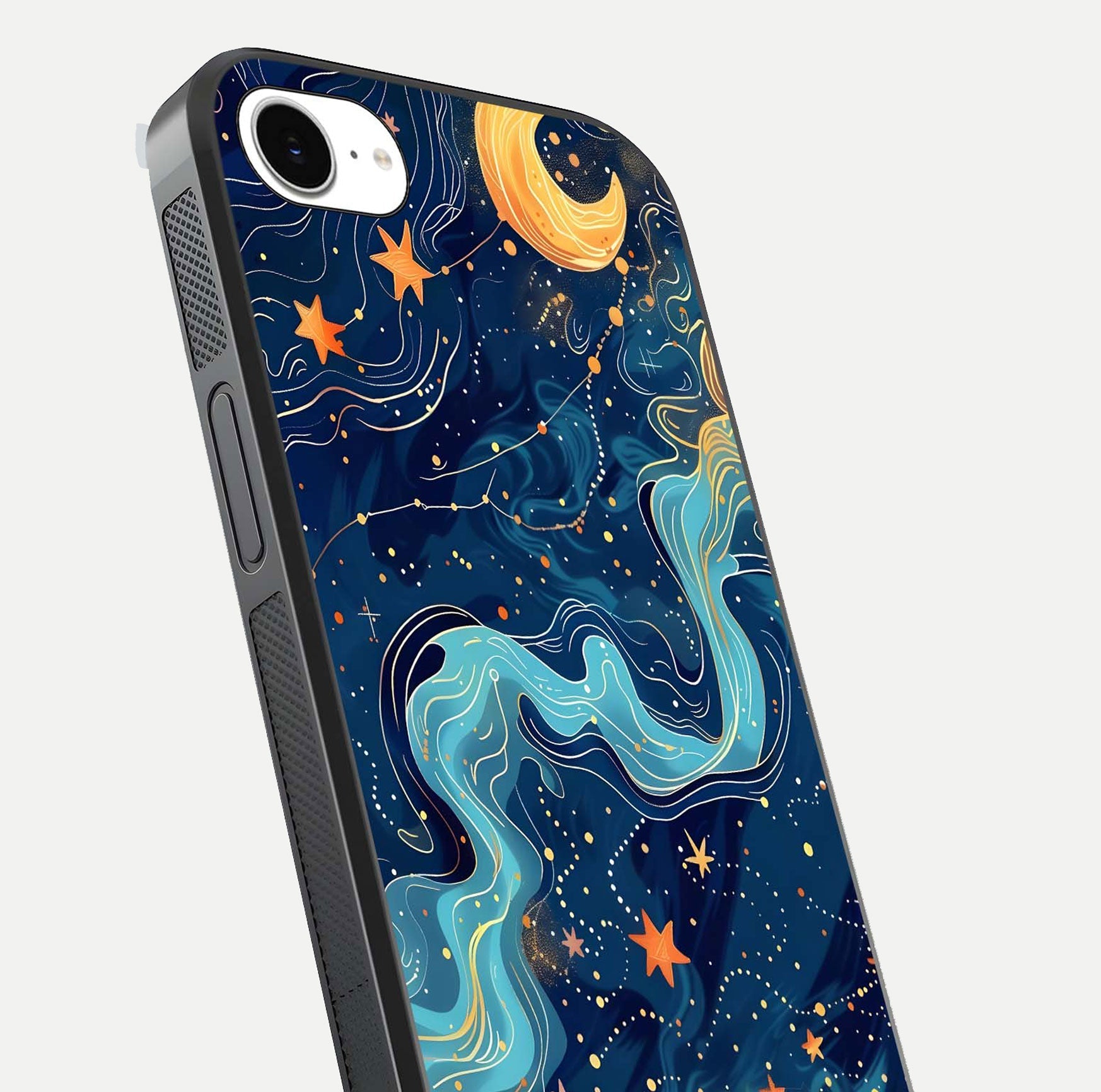 Celestial Dream Flow Glass Case for iPhone 16e close-up highlighting star reflections and smooth glow gradient