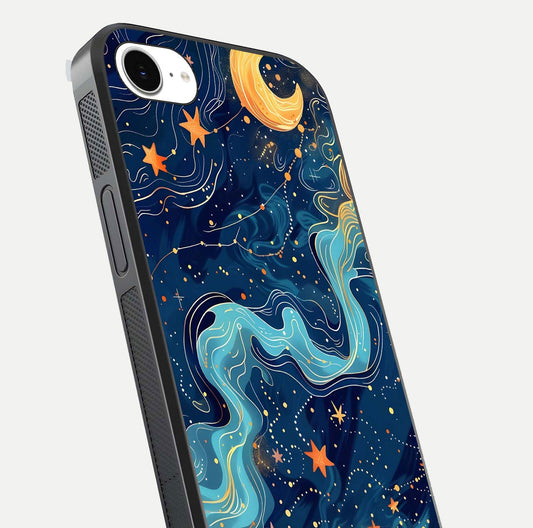 Celestial Dream Flow Glass Case for iPhone 16e close-up highlighting star reflections and smooth glow gradient