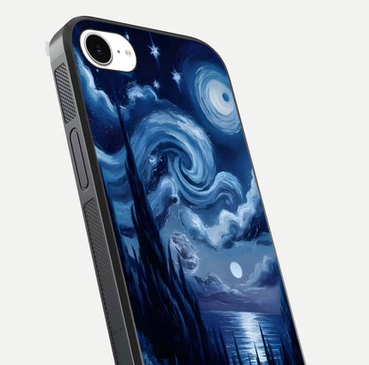 Celestial Dream Van Gogh Glass Case for iPhone 16e close-up view capturing vivid brush details and star reflection