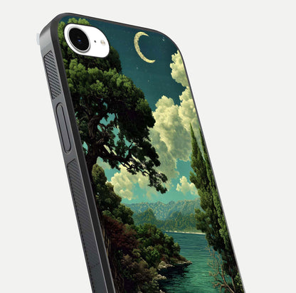 Celestial Lake Peace Glass Case for iPhone 16e close-up highlighting moon reflection and glossy texture