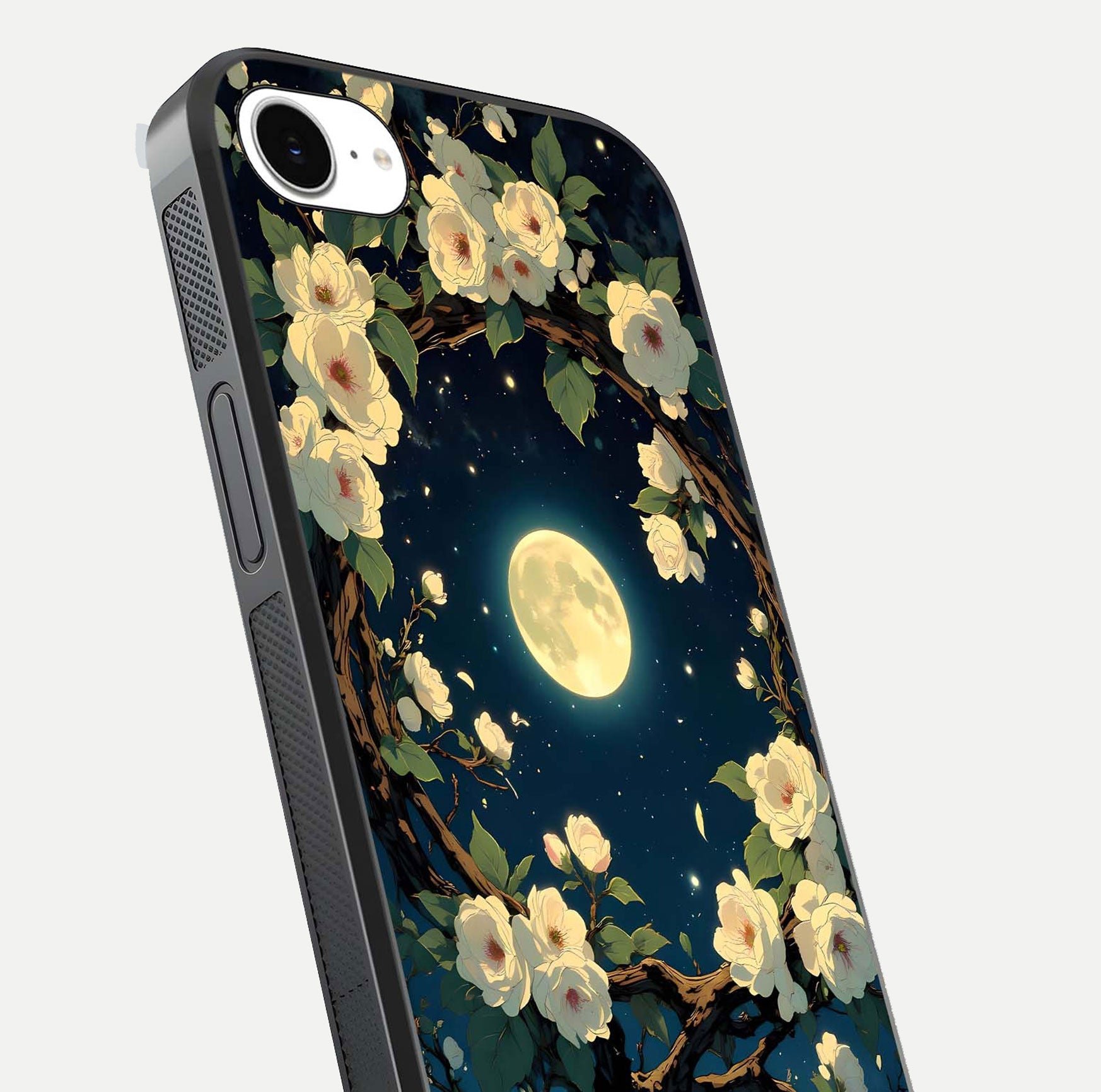Celestial Moon & Flower Glass Case for iPhone 16e close-up capturing petal reflection and moonlight contrast