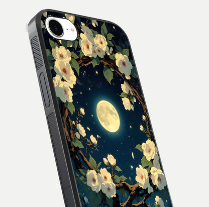 Celestial Moon & Flower Glass Case for iPhone 16e close-up capturing petal reflection and moonlight contrast