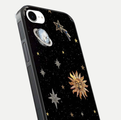 Celestial Moon With Stars Glass Case for iPhone 16e close-up showing cosmic reflection and HD shine