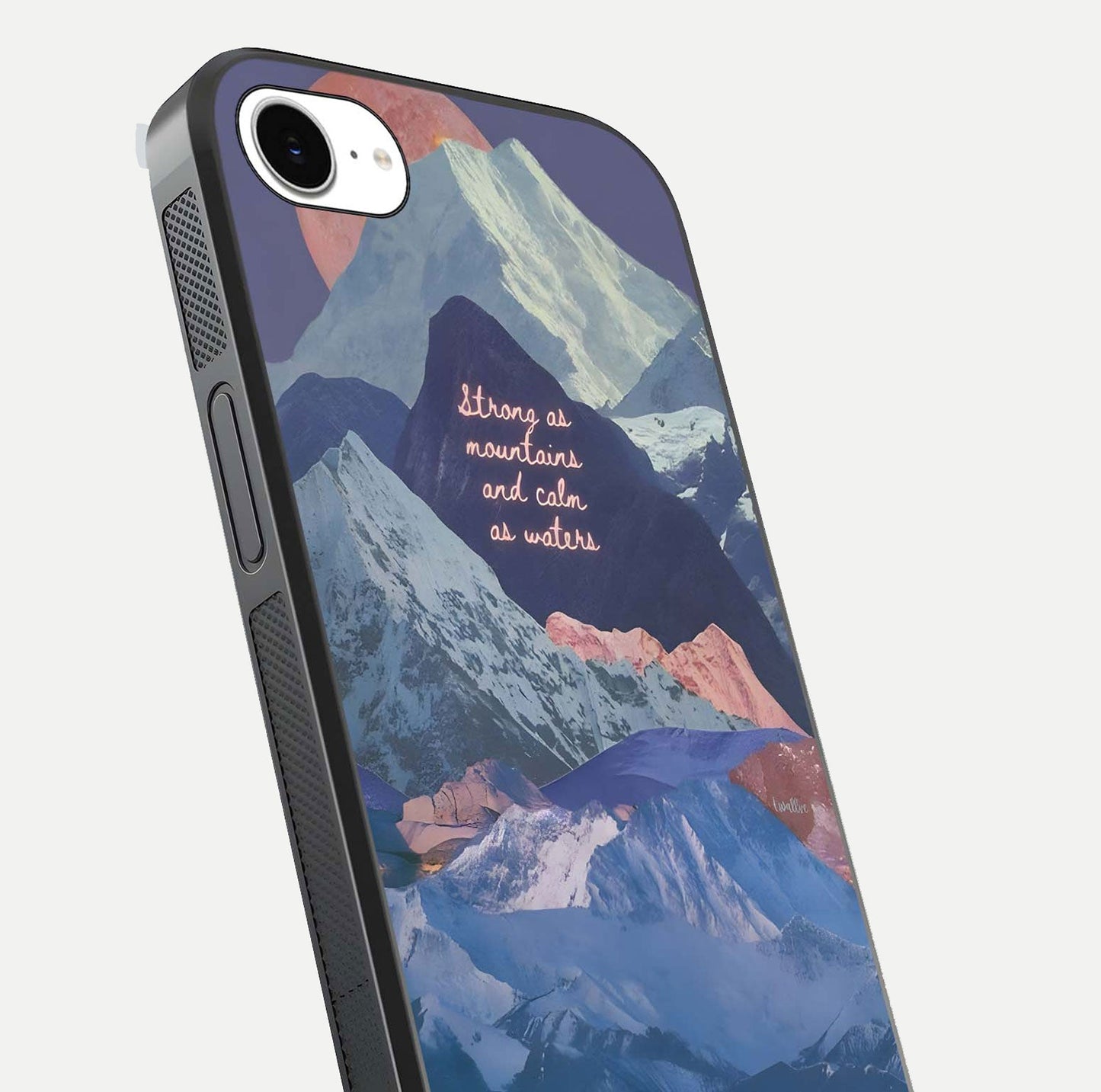 Celestial Mountain Calm Glass Case for iPhone 16e close-up showing peak reflection and HD gloss texture