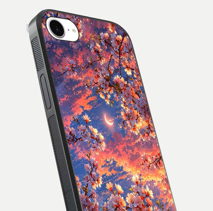 Celestial Sakura Sunset Glass Case for iPhone 16e close-up image highlighting blossom petals and gloss shine