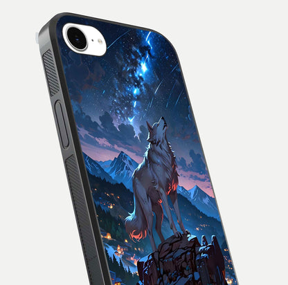 Celestial Wolf Howl Glass Case for iPhone 16e close-up showing wolf silhouette and glowing moon reflection