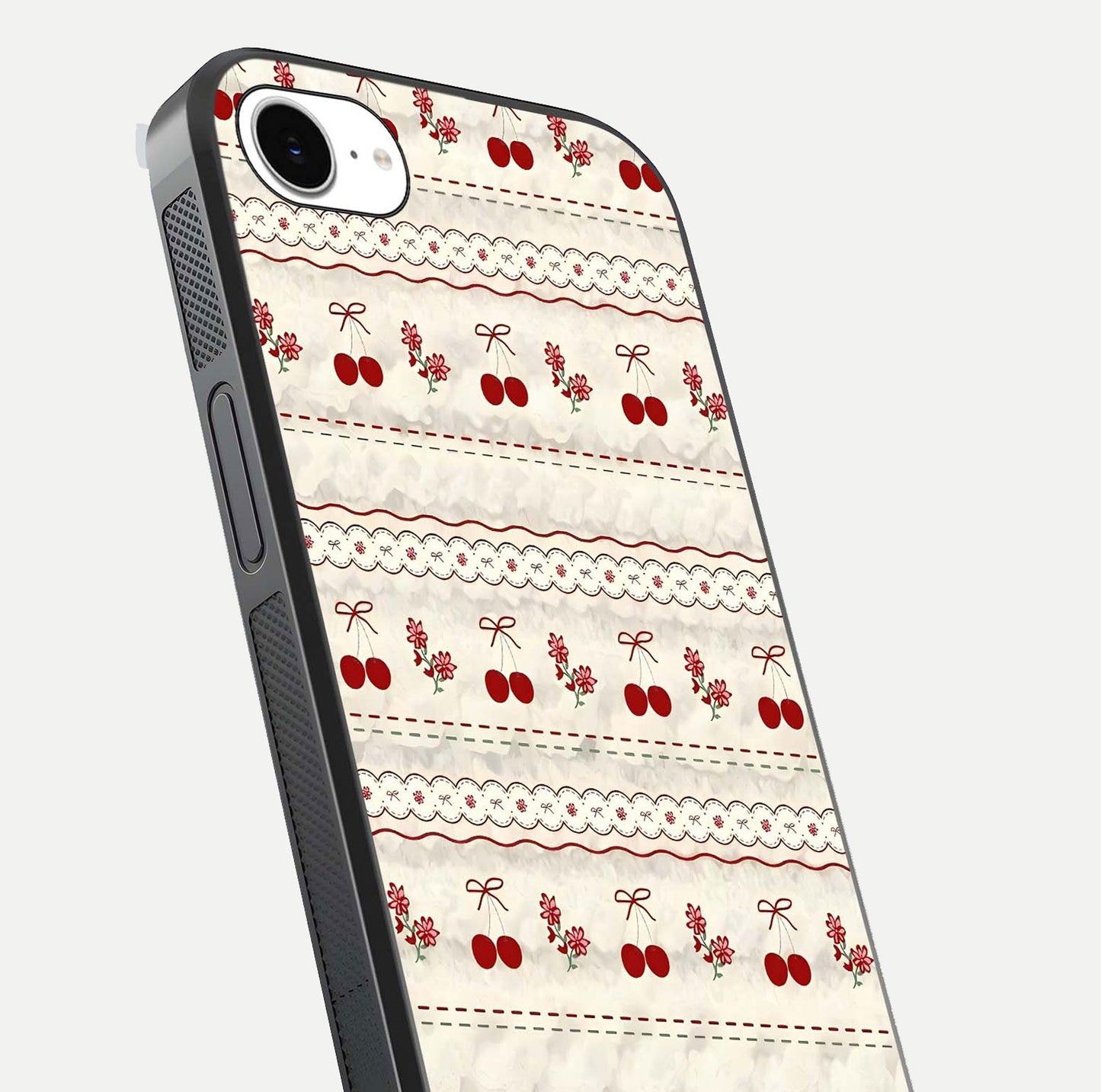 Cherry Bloom Charm Glass Case for iPhone 16e close-up showing pink petals and reflection detail
