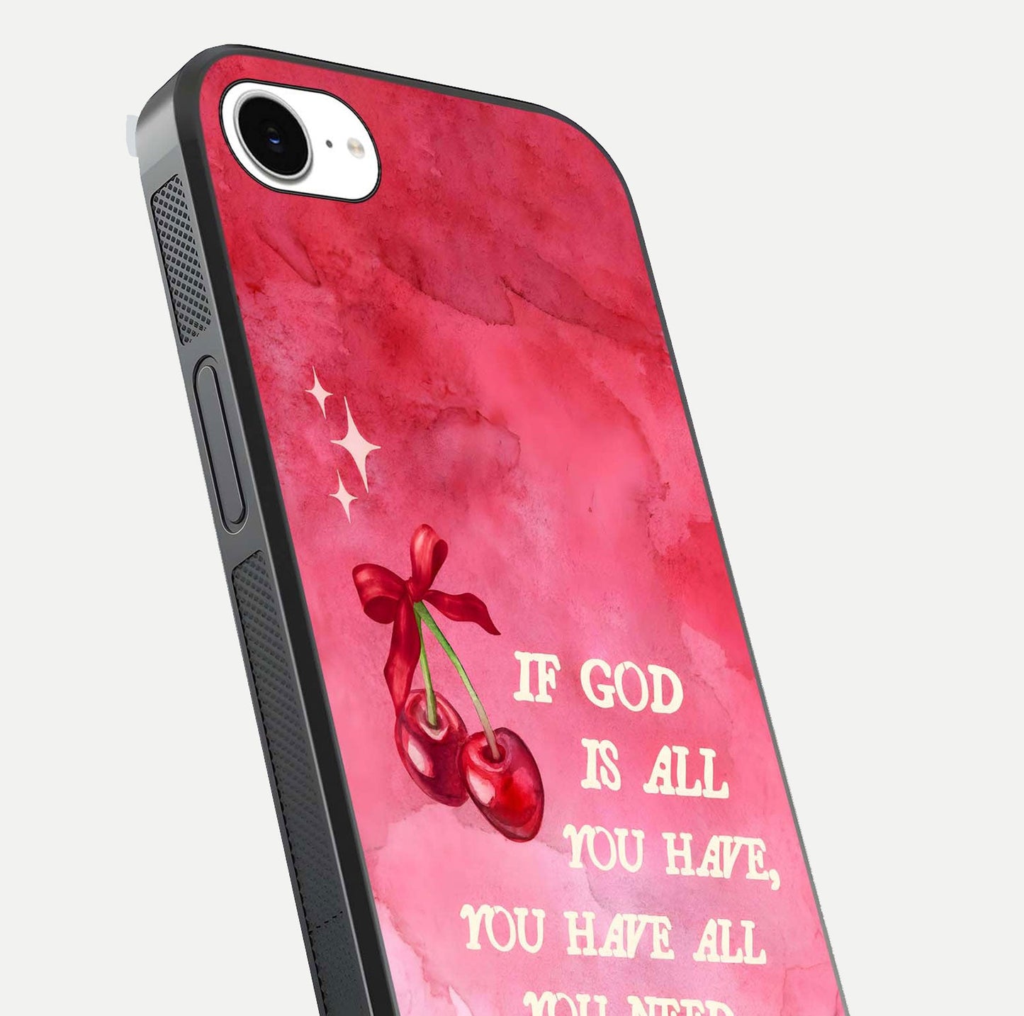 Cherry Quote Glass Case for iPhone 16e close-up showing printed quote detail and HD reflection gloss