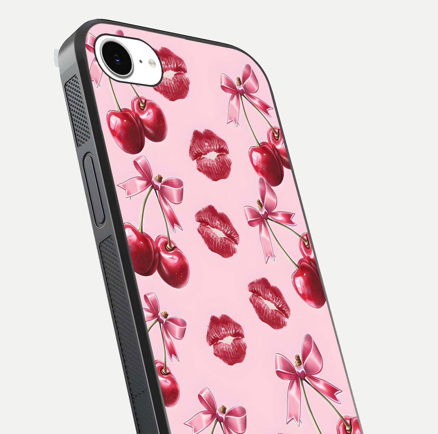 Cherry With Lips Glass Case for iPhone 16e close-up view highlighting lips texture and reflection shine
