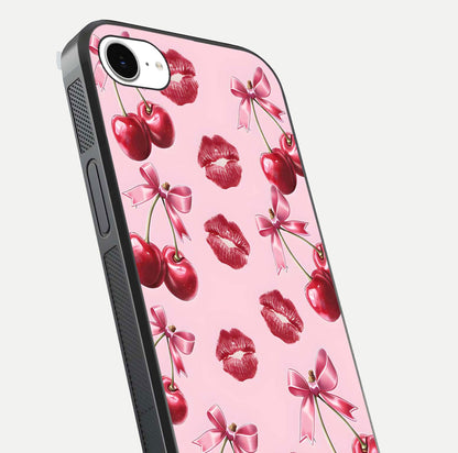 Cherry With Lips Glass Case for iPhone 16e close-up view highlighting lips texture and reflection shine