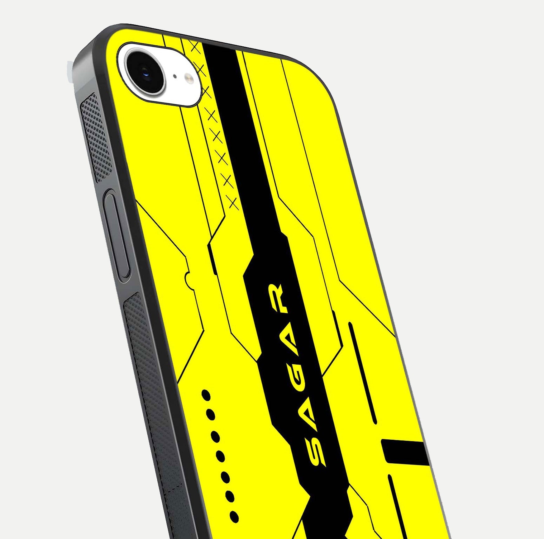 Circuit CYBERPUNK Custom Name Glass Case for iPhone 16e close-up highlighting neon lines, futuristic tones, and gloss reflection