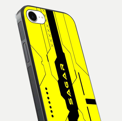 Circuit CYBERPUNK Custom Name Glass Case for iPhone 16e close-up highlighting neon lines, futuristic tones, and gloss reflection