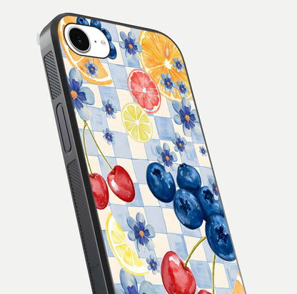 Citrus Bloom Joy Glass Case for iPhone 16e close-up highlighting orange blossoms and reflection detail