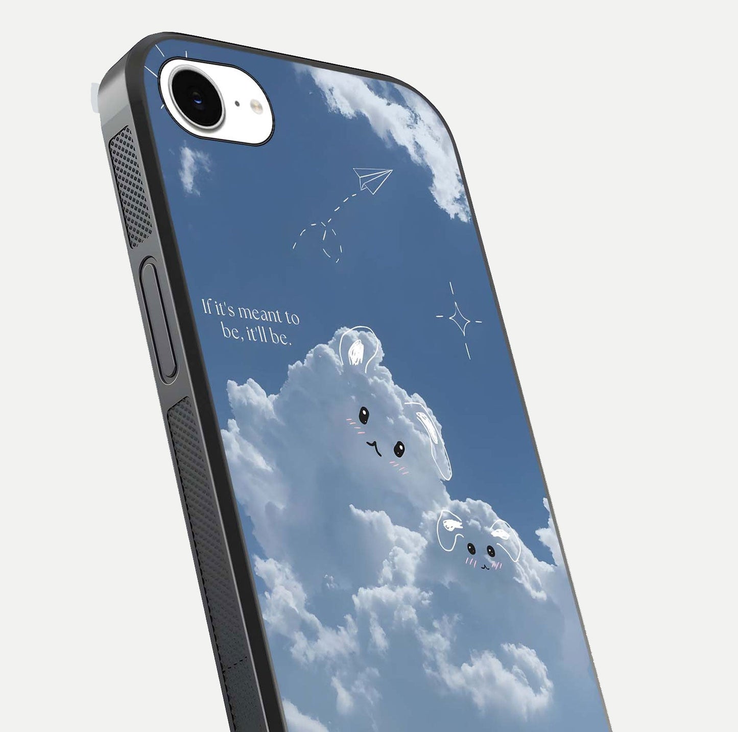 Cloud Bunny Dreams Glass Case for iPhone 16e close-up showing bunny art, dreamy clouds, and HD shine