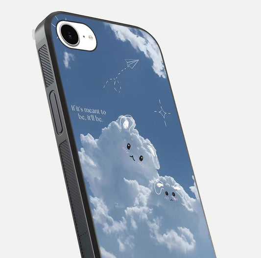Cloud Bunny Dreams Glass Case for iPhone 16e close-up showing bunny art, dreamy clouds, and HD shine
