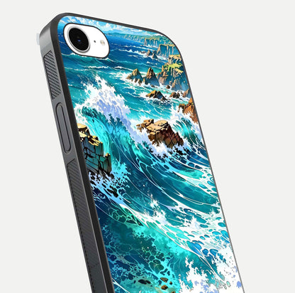 Coastal Blue Waves Glass Case for iPhone 16e close-up highlighting wave texture and blue shine