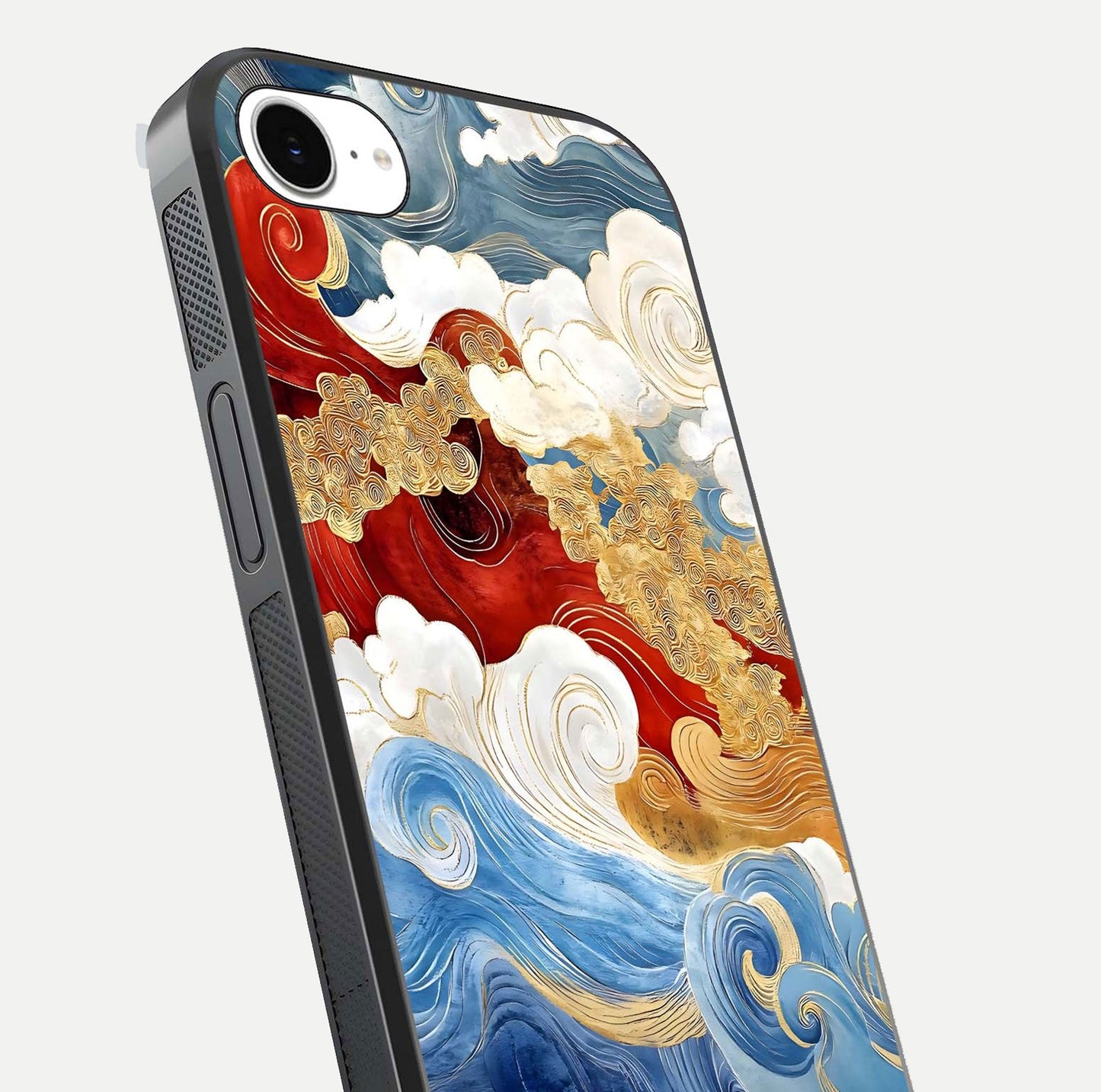 Colored Waves Glass Case for iPhone 16e close-up angled shot highlighting gradient flow and light reflection