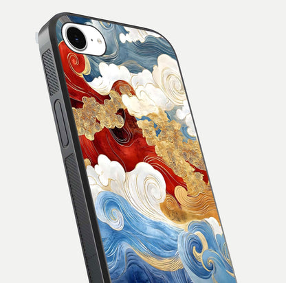 Colored Waves Glass Case for iPhone 16e close-up angled shot highlighting gradient flow and light reflection