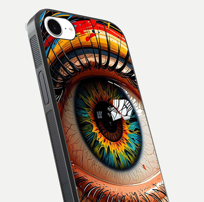 Colorful Eye Glass Case for iPhone 16e close-up highlighting eye pattern detail and reflection shine