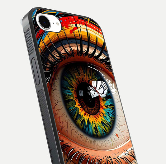 Colorful Eye Glass Case for iPhone 16e close-up highlighting eye pattern detail and reflection shine