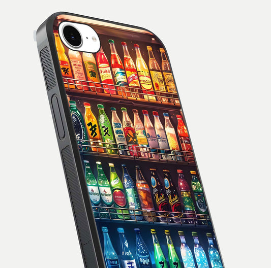 Colorful Soda Bottles Glass Case for iPhone 16e close-up showing colorful bottles and HD reflection