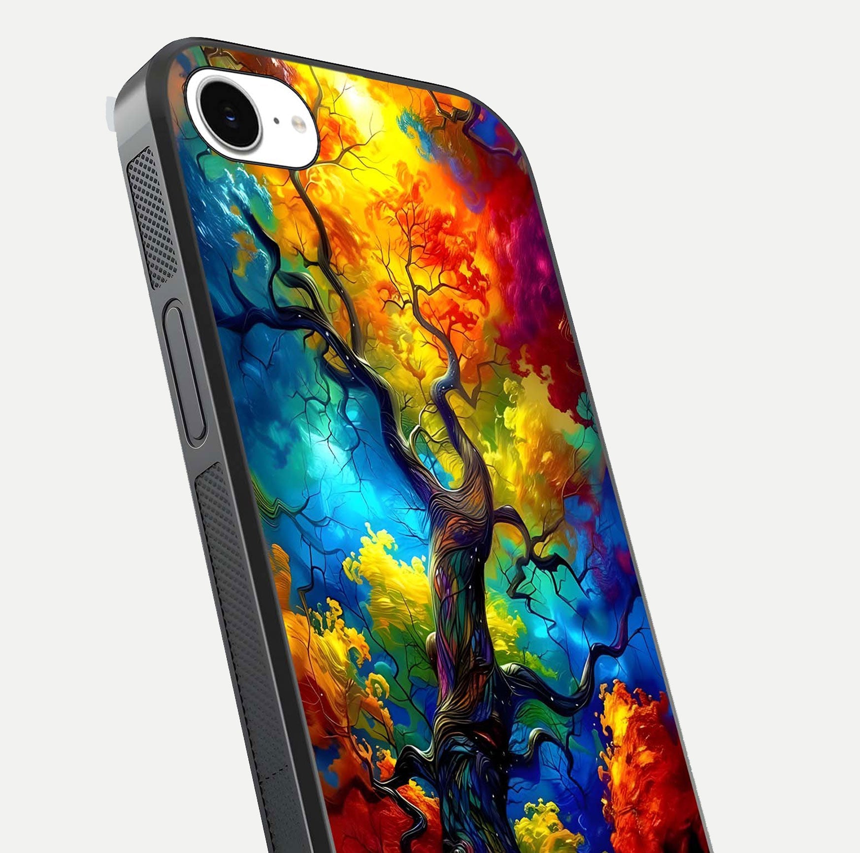 Colorful Tree Glass Case for iPhone 16e close-up highlighting leaf detail, gradient colors, and shine