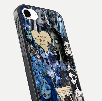 Corpse Bride Posters Glass Case for iPhone 16e close-up highlighting detailed artwork and reflection polish