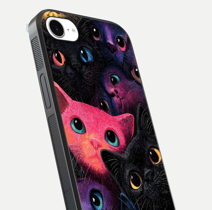 Cosmic Cats Dreams Glass Case for iPhone 16e close-up highlighting cats and cosmic glow reflection
