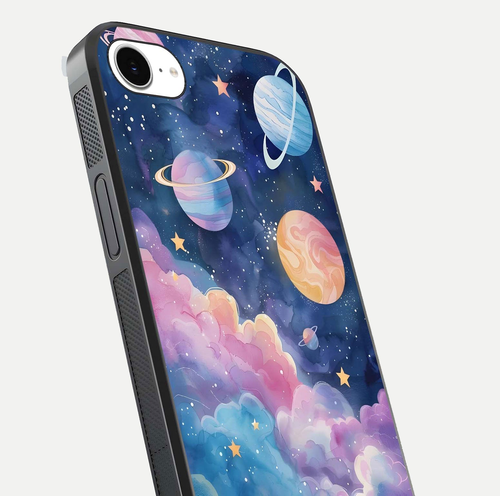 Cosmic Planet Dreams Glass Case for iPhone 16e close-up highlighting planetary details and reflection glow