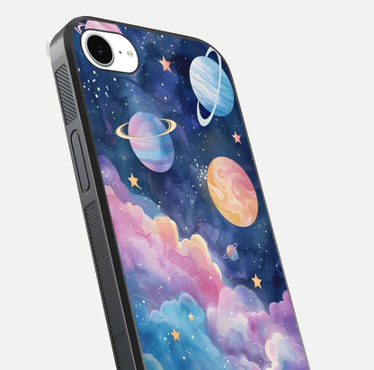 Cosmic Planet Dreams Glass Case for iPhone 16e close-up highlighting planetary details and reflection glow