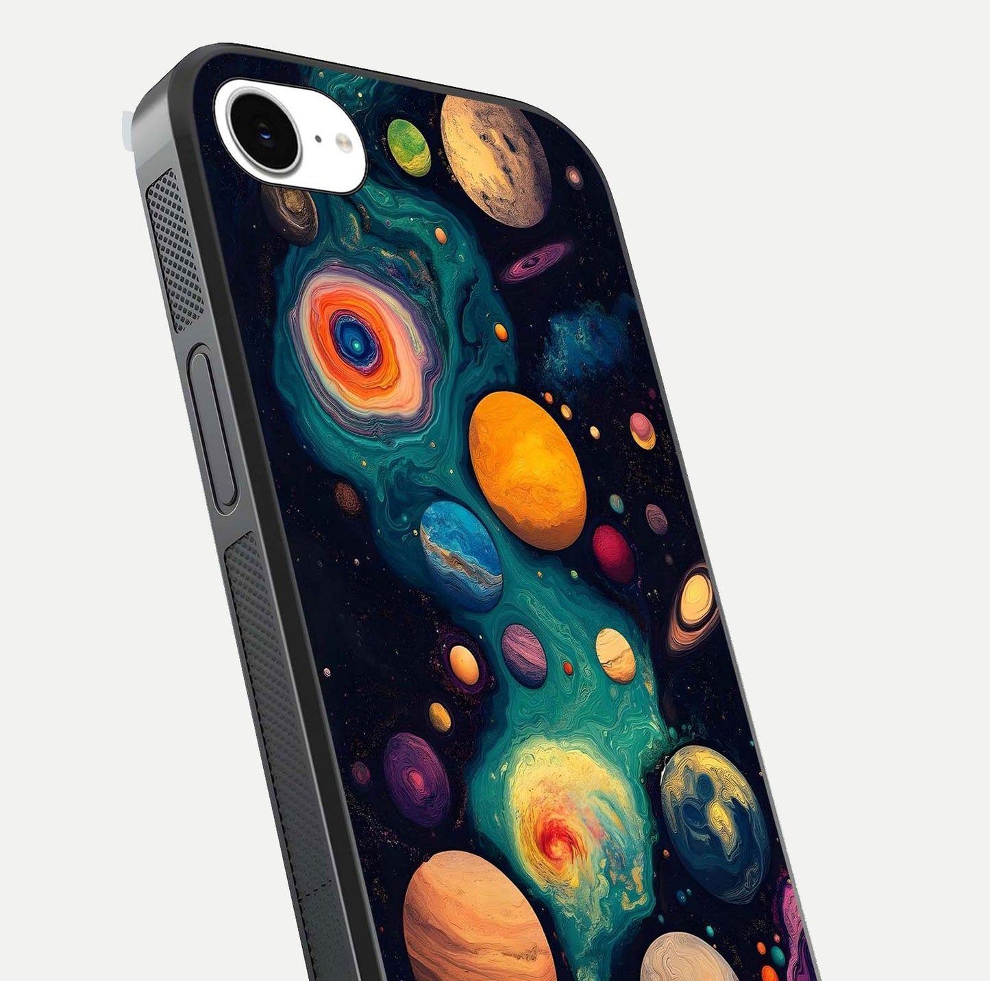 Cosmic Planet Journey Glass Case for iPhone 16e close-up highlighting planets, stars, and shine reflection