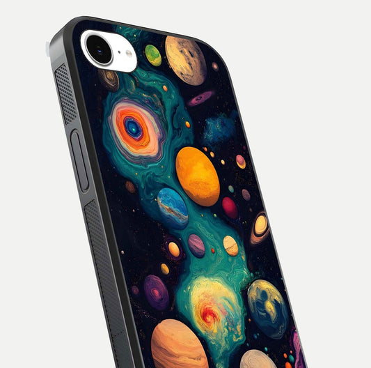 Cosmic Planet Journey Glass Case for iPhone 16e close-up highlighting planets, stars, and shine reflection