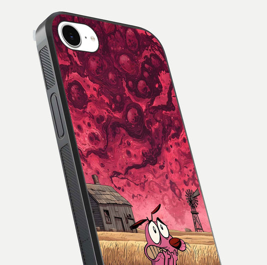 Courage Under Sky Glass Case for iPhone 16e close-up highlighting typography and HD reflection