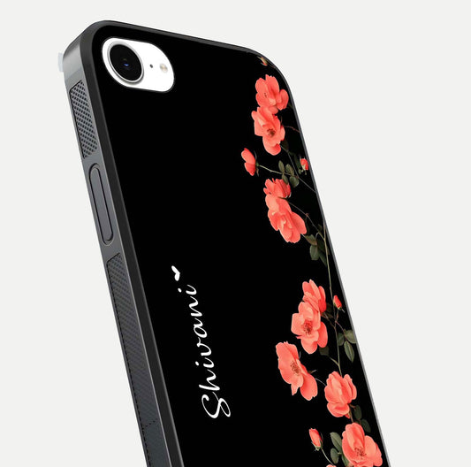 Crimson Bloom Grace Custom Name Glass Case for iPhone 16e close-up highlighting flower pattern and reflection texture