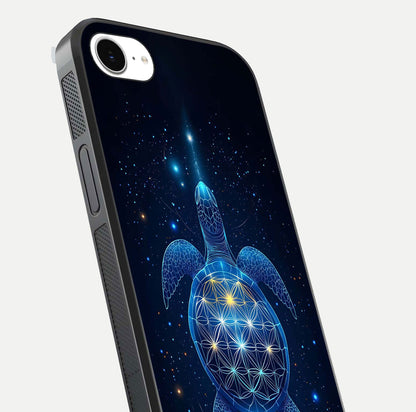 Crimson Blue Turtle Glass Case for iPhone 16e close-up highlighting turtle shell detail and shine reflection
