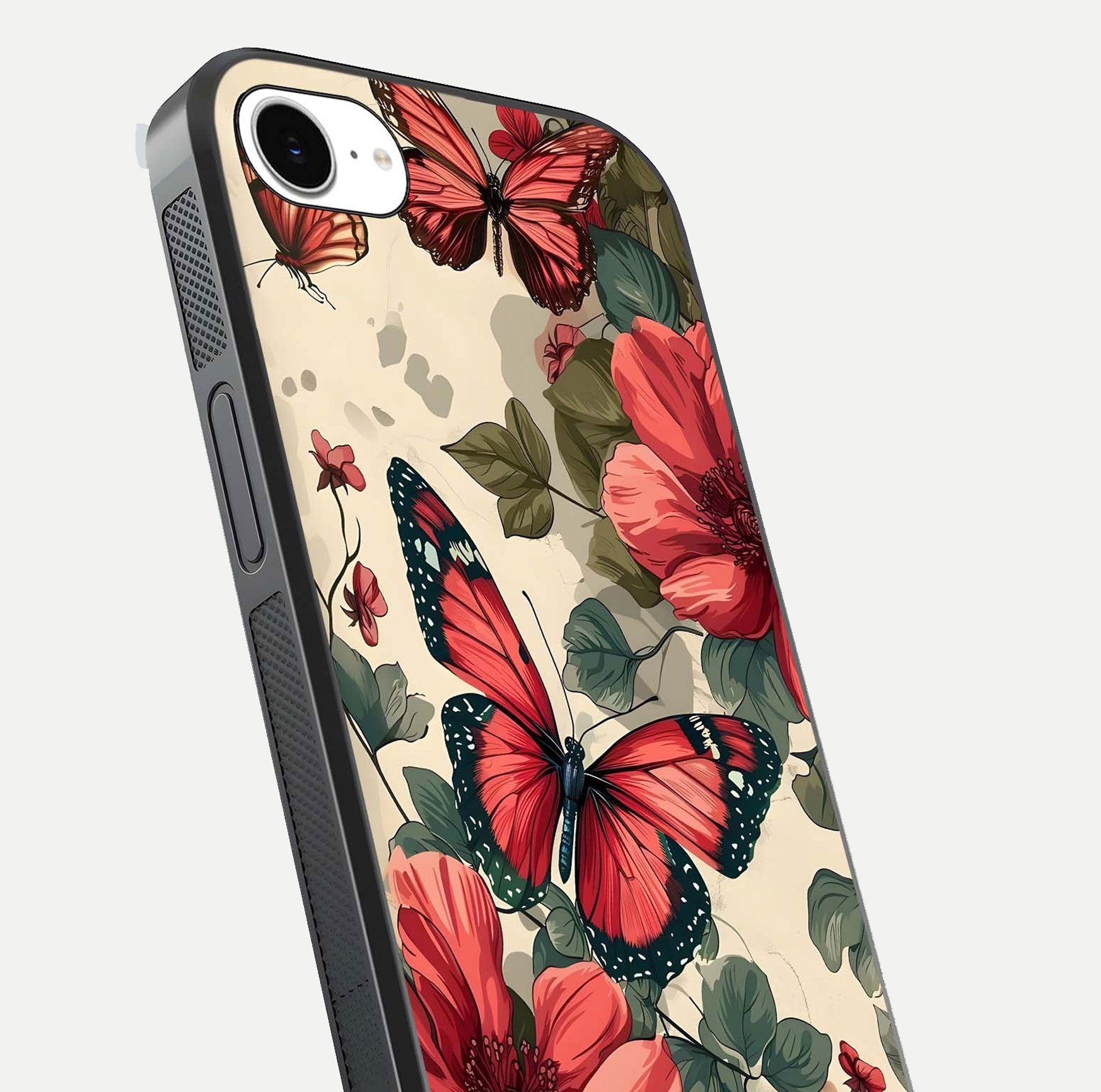 Crimson Butterfly Garden Glass Case for iPhone 16e close-up showing wing detail and reflection shine