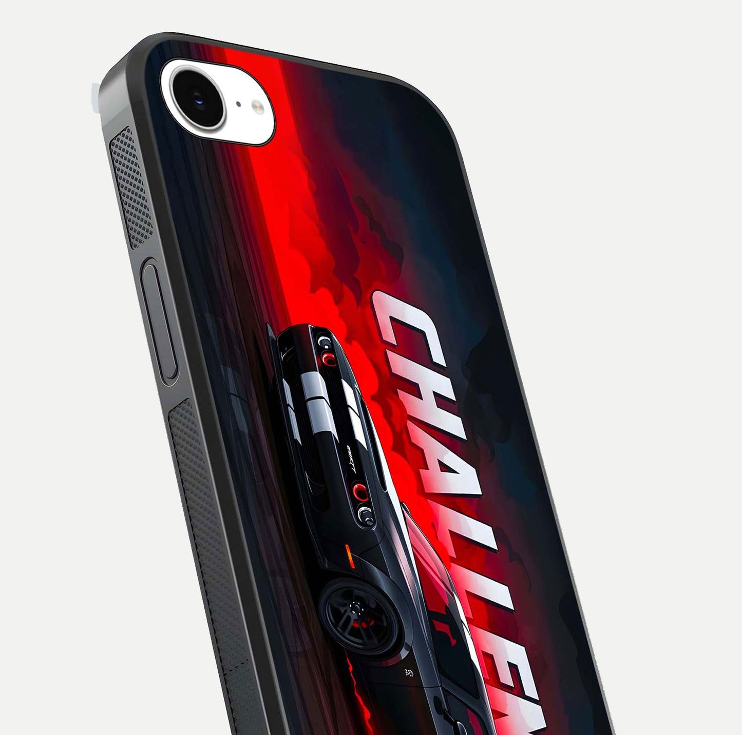 Crimson Challenger Fury Glass Case for iPhone 16e close-up highlighting car details and reflection depth