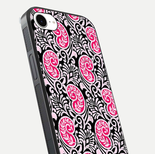 Crimson Paisley Charm Glass Case for iPhone 16e close-up highlighting fine pattern detail and reflection tone