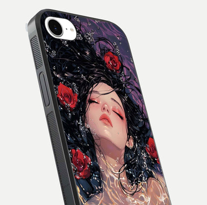 Crimson Rose Serenity Glass Case for iPhone 16e close-up highlighting rose gradient and reflection detail