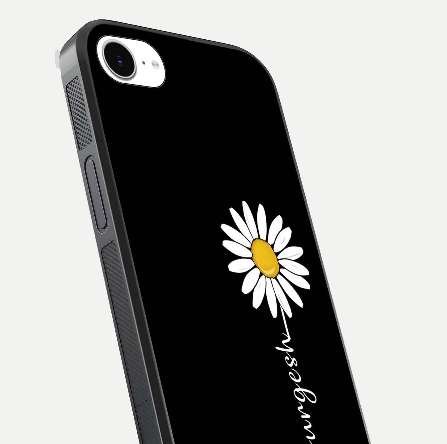 Custom Name White Flower Glass Case for iPhone 16e close-up highlighting petals, name print, and reflection polish