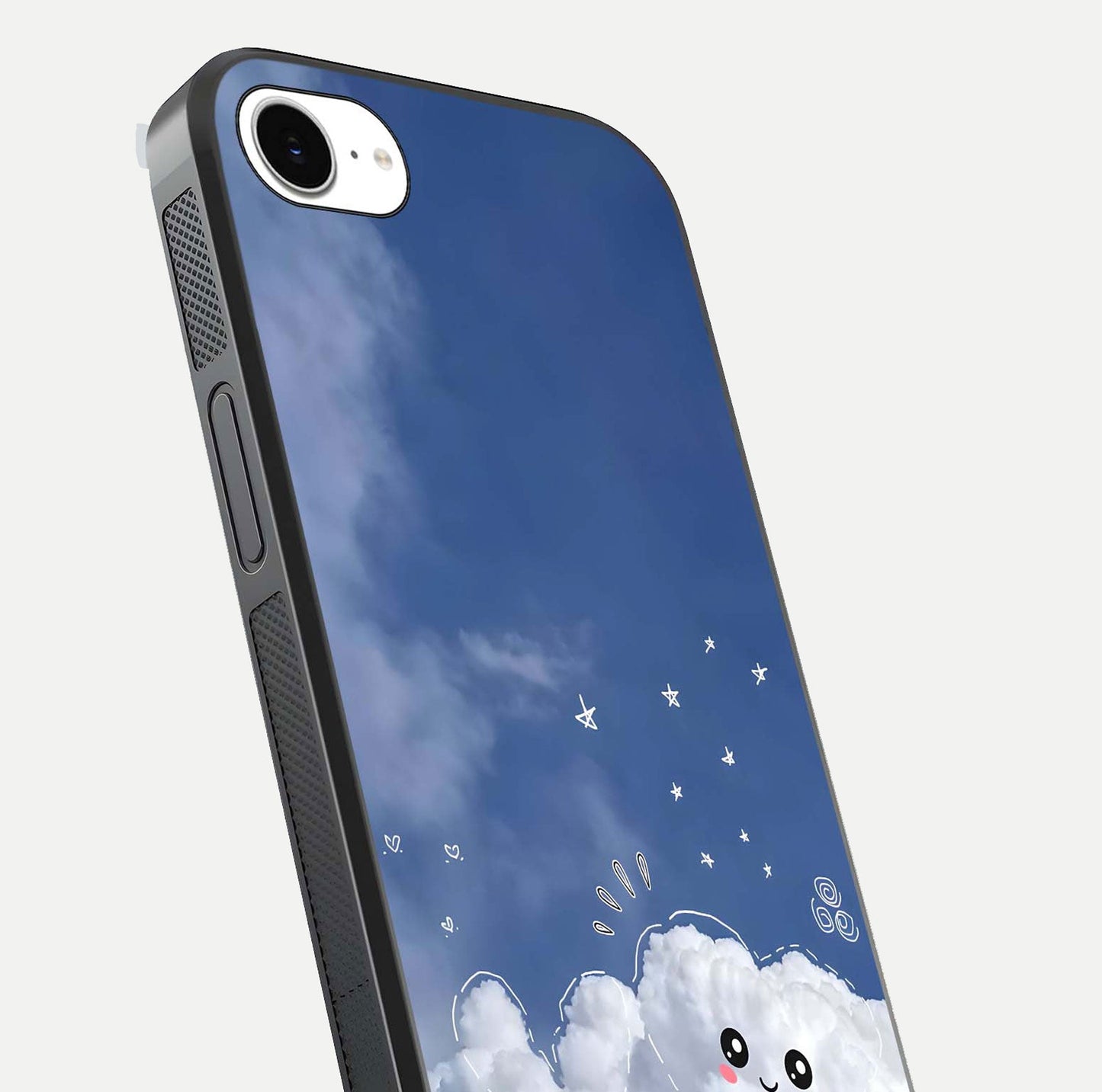 Cute Blossom Cloud Glass Case for iPhone 16e close-up highlighting pink flower tones and reflection glow