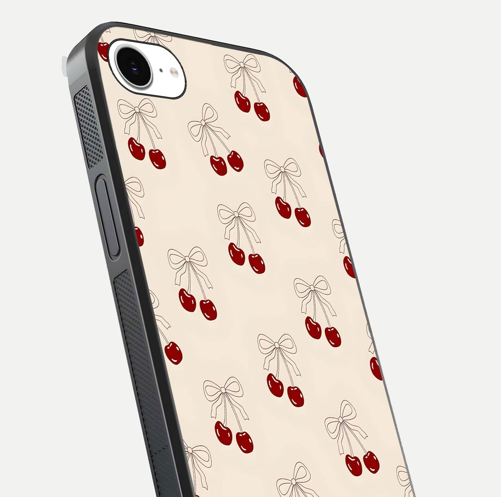 Cute Cherry Pattern Glass Case for iPhone 16e close-up showing cherry cluster details and light reflection