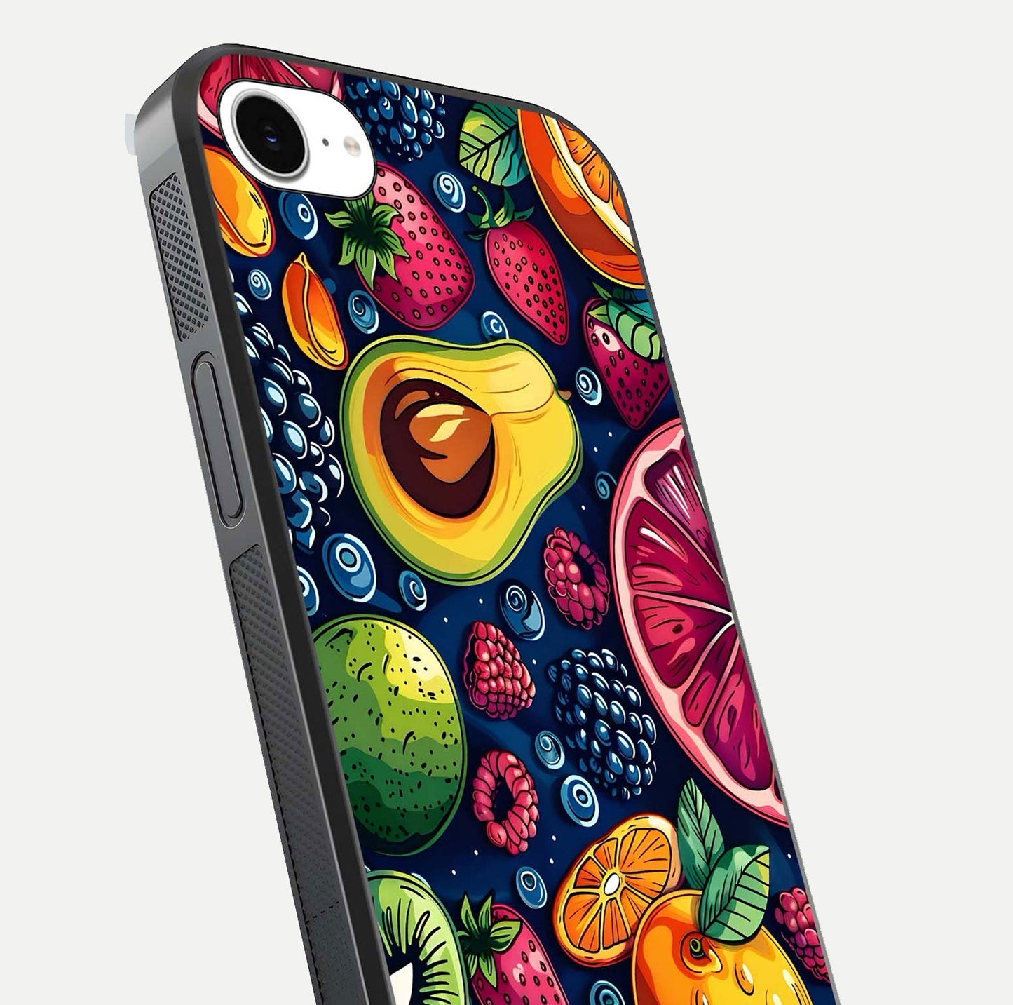 Cute Fruits Art Glass Case for iPhone 16e close-up highlighting fruit shapes, color tones, and reflection polish